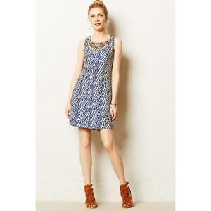 Anthropologie Beaded Blue and White Maison Souers Dress Size 4 Petite